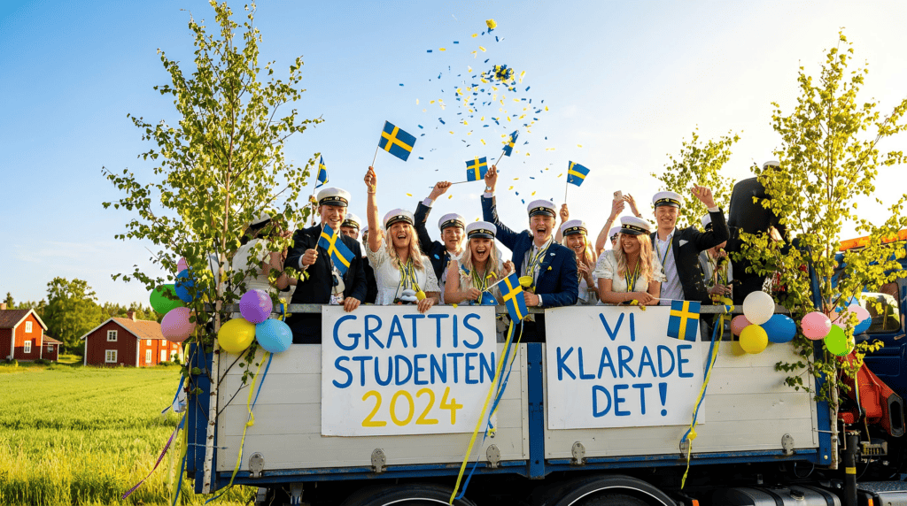 Festlig studentfirande med glada studenter som hyllar examen 2024, firar med svenska flaggor och fes.