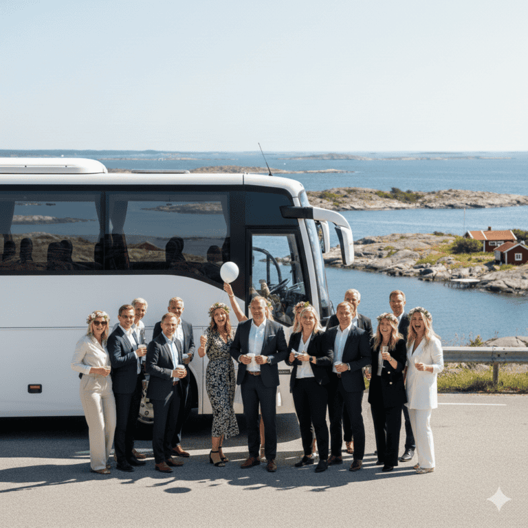 Grupp människor utanför buss vid havet, sommar, företagsevenemang.
