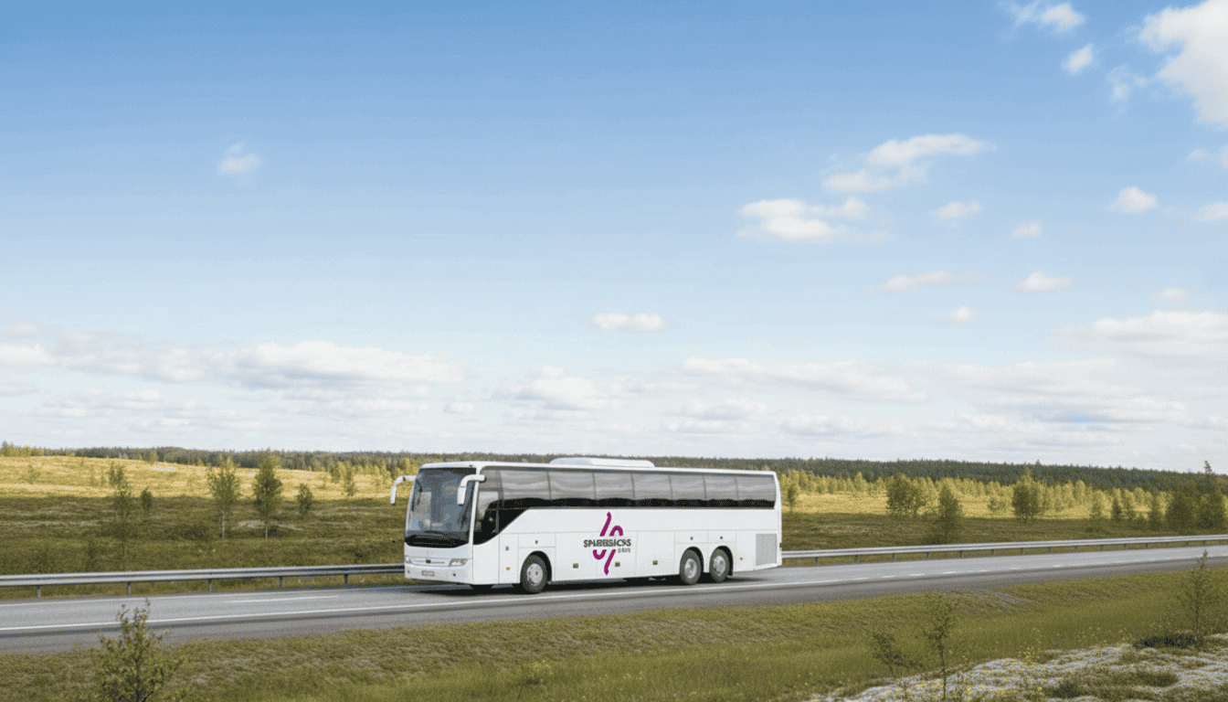 Buss på landsväg för företagsevent och gruppresor i Sverige.