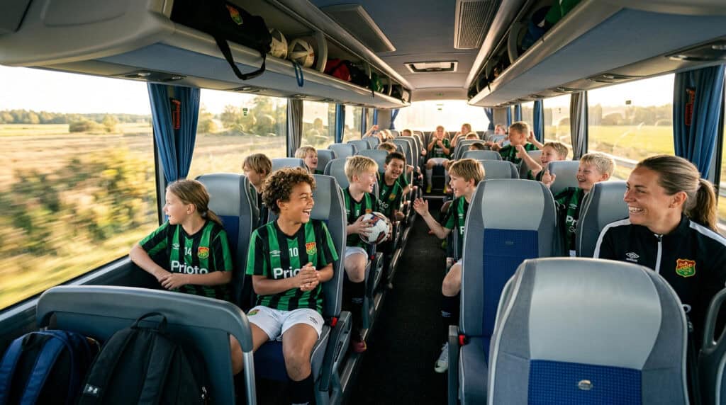 Barn och ungdomar på bussresa för fotbollslag.