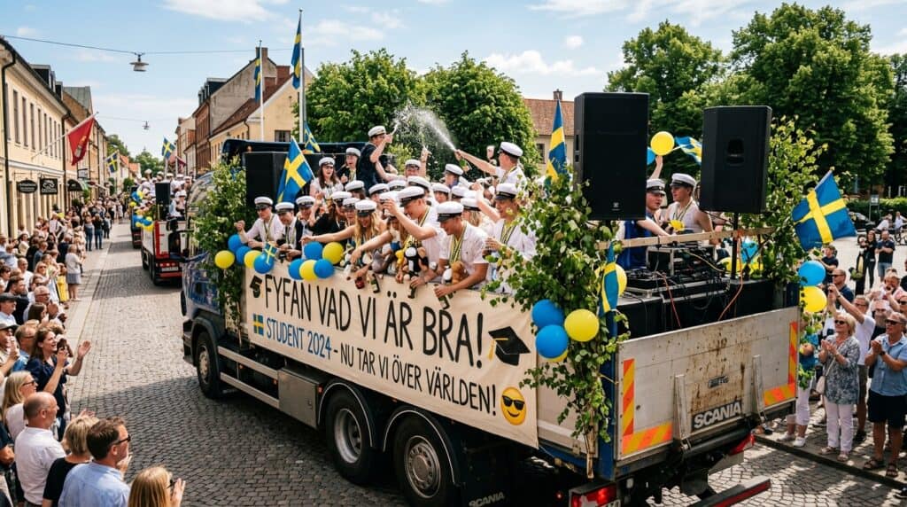 Fira student med Sparrebäcks Buss & Event, festlig bussparad med glada studenter och svenska flaggor.